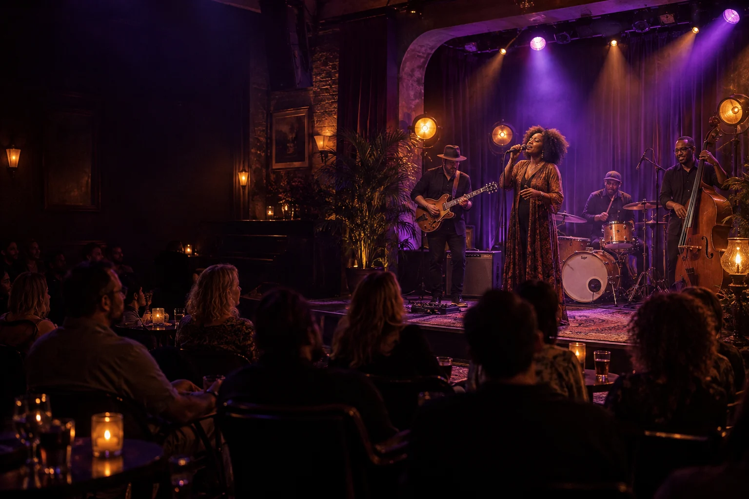 An audience listening to a live band in an intimate music venue