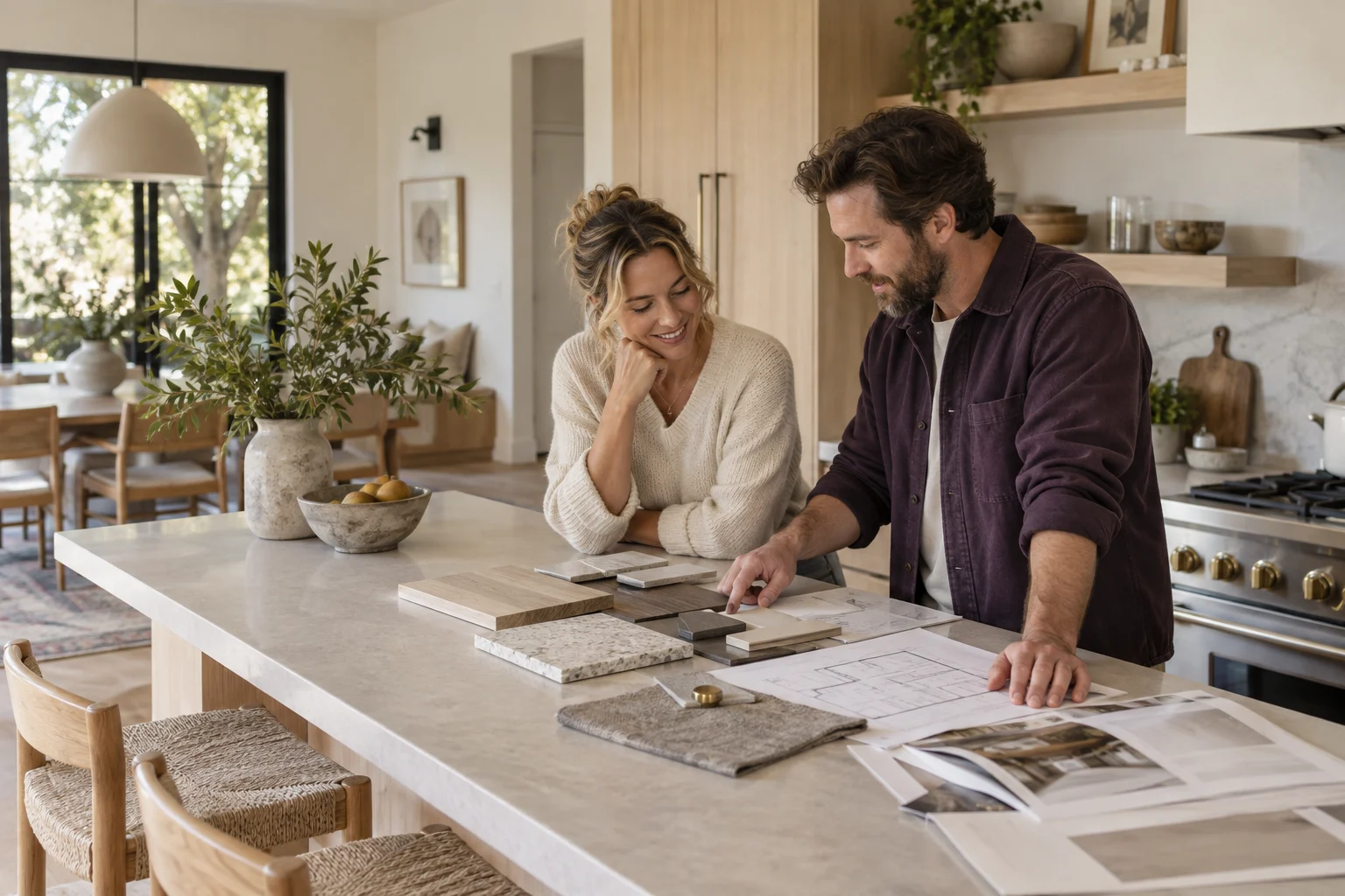 A homeowner and renovation professional reviewing materials and plans